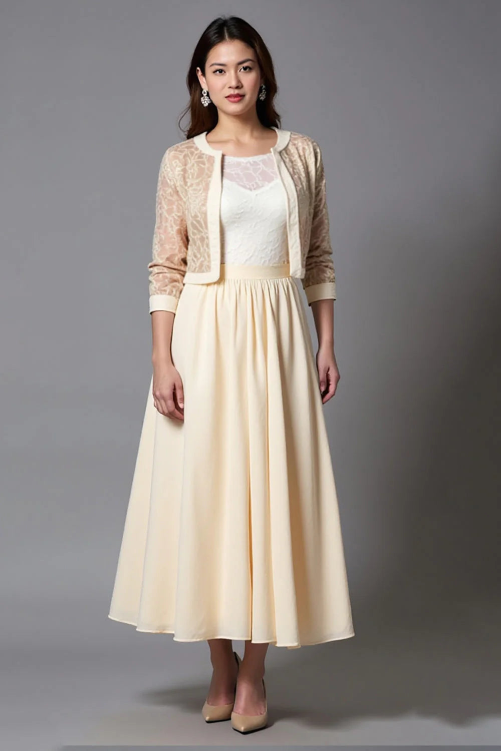 A Line Champagne Half Sleeve Tea-Length Mother of the Bride Dress